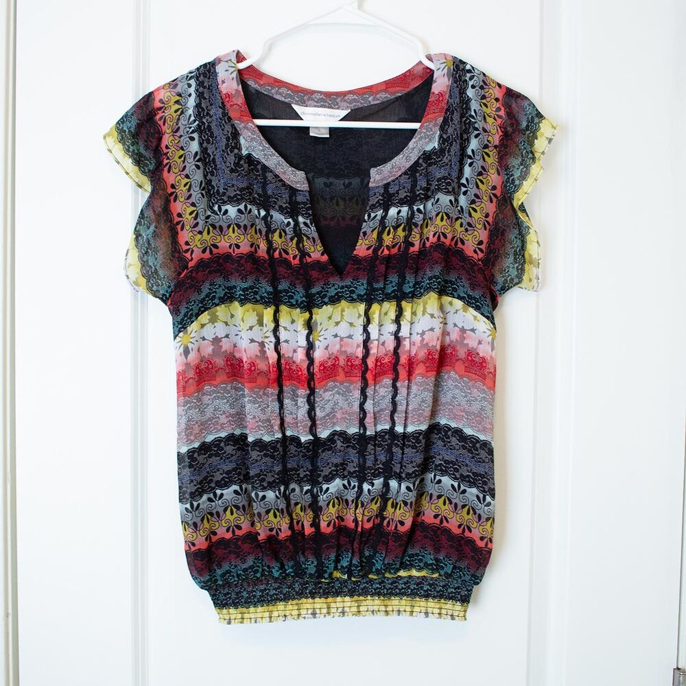 Boho Ruched Multicolor Knit Blouse Gradient Ornate Stripe Print S Bright Spring